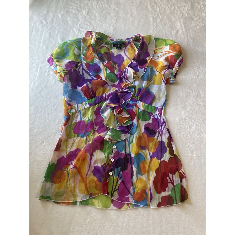 Spence Size S Multicolored Bright Floral Ruffle Button Women's Spring Summer Top